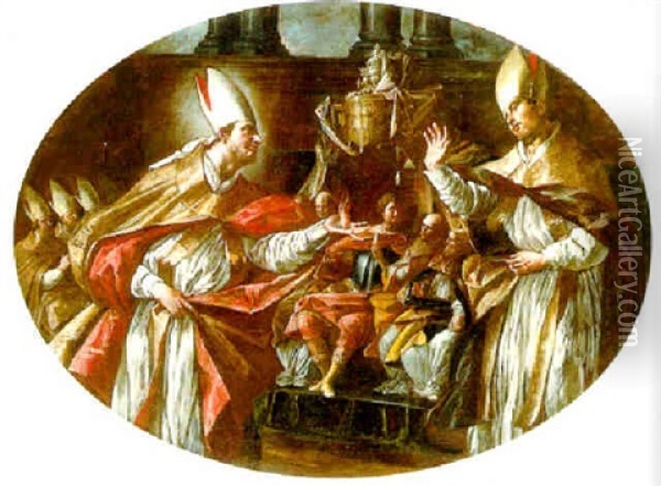 Saints Augustine And Anthony Of Padua In Discourse Before Members Of The Franciscan Order Oil Painting - Giovanni Domenico Lombardi