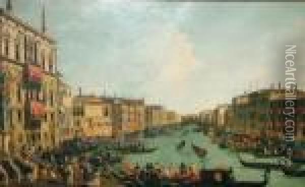 View Of The Grand Canal, Venice;
 Oiliograph, 83x135cm: Together With Two Other Prints And Engravings 
After Various Hands Oil Painting - (Giovanni Antonio Canal) Canaletto