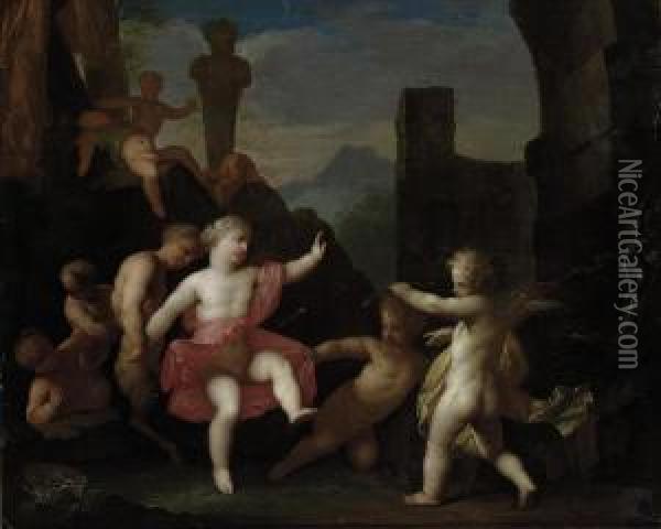 A Bacchanal Of Putti And Infant Fauns, With Cupid Shooting An Arrowat A Young Girl Oil Painting - Matheus Terwesten