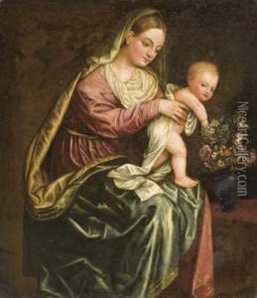Madonna Con Bambino Con Fiori (madonna And Child With Flowers). Oil Painting - Alessandro Bonvicino (Moretto da Brescia)