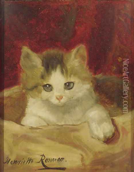 Kitten on a pink cushion Oil Painting - Henriette Ronner-Knip