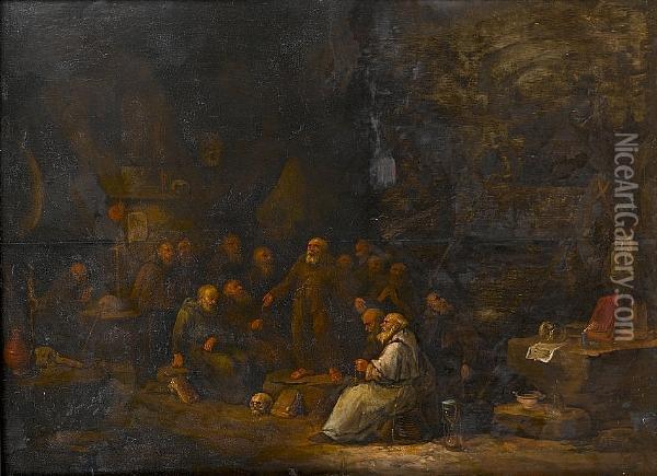 Monks Debating In A Grotto Oil Painting - Egbert Ii Van Heemskerck