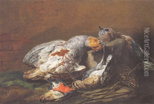 Nature Morte A La Becassine, Perdreau Gris, Caille Et Geai Sur Un Entablement Oil Painting - Pieter Boel