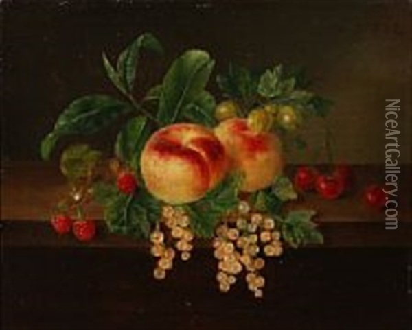 Still Life With Peaches And Currants Oil Painting - Hanne Hellesen