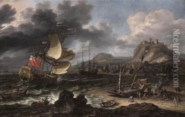 An English Man-o'war Running Into A Crowded Continental Port Oil Painting - Lorenzo A. Castro