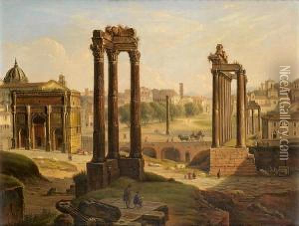 A View Of The Roman Forum From The Capitoline Hill Looking North Oil Painting - Michelangelo Pacetti