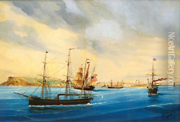 Navire Espagnol En Rade Du Havre Oil Painting - Cheri Francois Marguerite Dubreuil