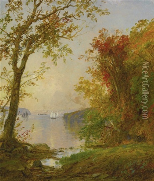 Boating On The Hudson (sailboat Near Hook Mountain) Oil Painting - Jasper Francis Cropsey