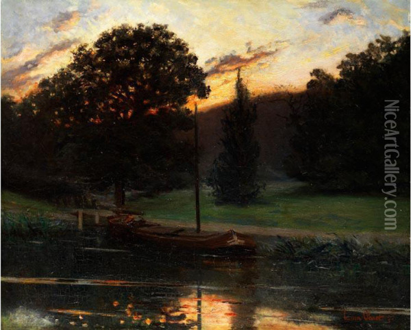 Kahn In Ruhigem Kanalwasser Vor Baumlandschaft Bei Sonnenuntergang Oil Painting - Luis Paret Y Alczar