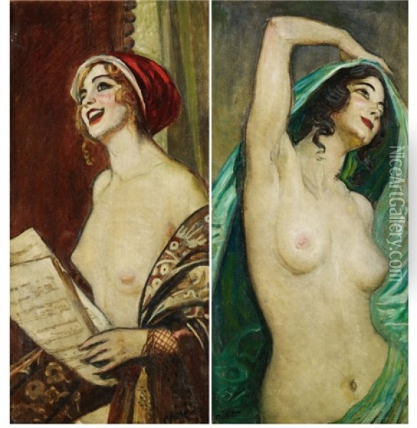 Les Elegantes (pair) Oil Painting - Lajos Mark