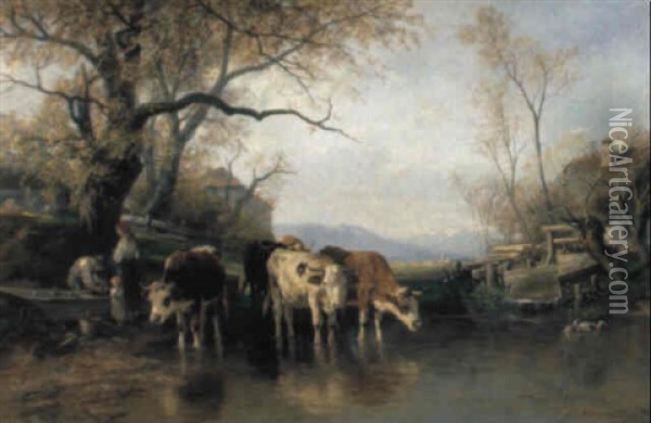 Viehtranke Am Rande Des Dorfes Oil Painting - Christian Friedrich Mali
