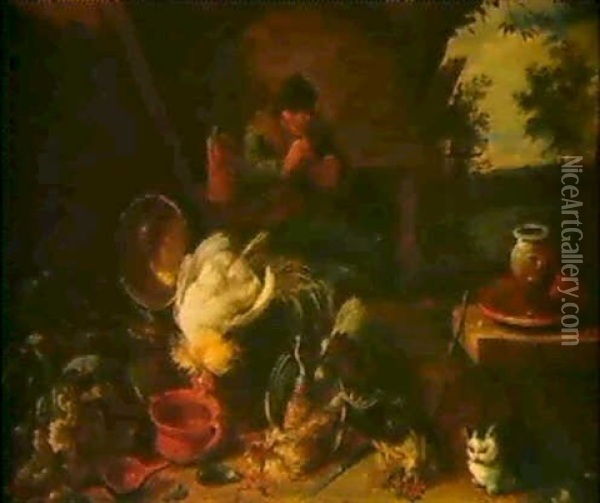 Ein Bauernhof Mit Einem Rastenden Bauern Und Totem Geflugel Oil Painting - Adriaen de Gryef