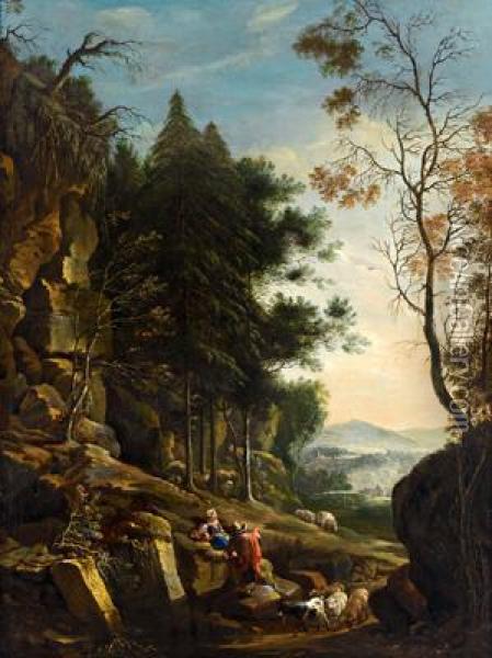 Paesaggio Boschivo Con Sullo Sfondo Montagne E Figure Oil Painting - Johann Franz Ermels