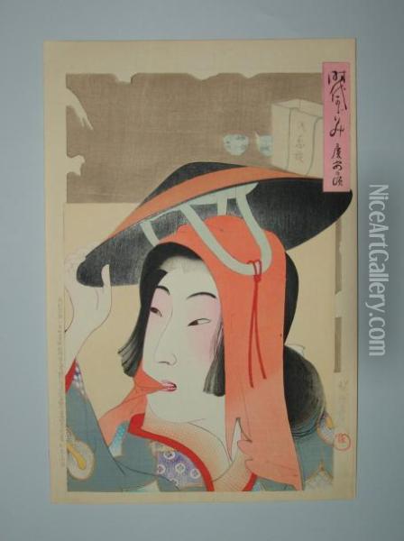 Une Jeune Femme En Buste Tient Son Chapeau Oil Painting - Yoshu Toyoharu Chikanobu /