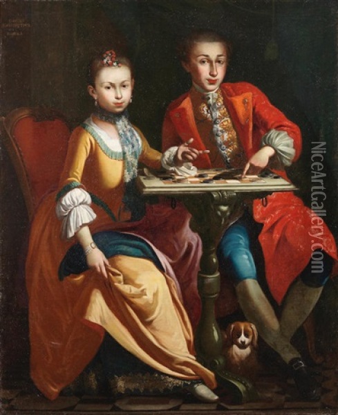 Portrait Of A Two Noble Children, Full-length, Seated At A Table Playing Draughts Oil Painting - Giuseppe Bonito
