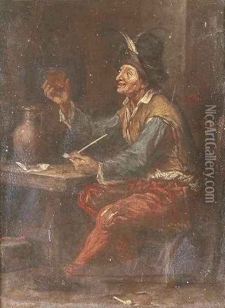 A peasant drinking and smoking at a table in an inn Oil Painting - Adriaen Brouwer