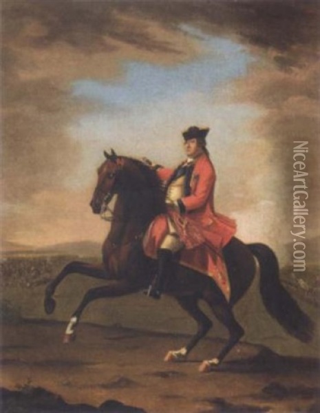 Equestrian Portrait Of H.r.h. William Augustus, Duke Of Cumberland, Seated On His Charger, Wearing Uniform And The Garter Star, A Battle Beyond Oil Painting - David Morier