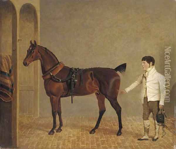 A carriage horse and groom in a stable Oil Painting - John Frederick Herring Snr