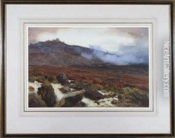 A Misty Moorland River Oil Painting - Henry B. Wimbush