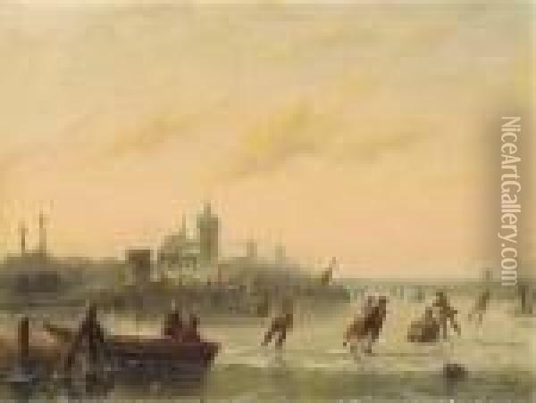 Winter Skaters On The Lake Oil Painting - Andreas Schelfhout