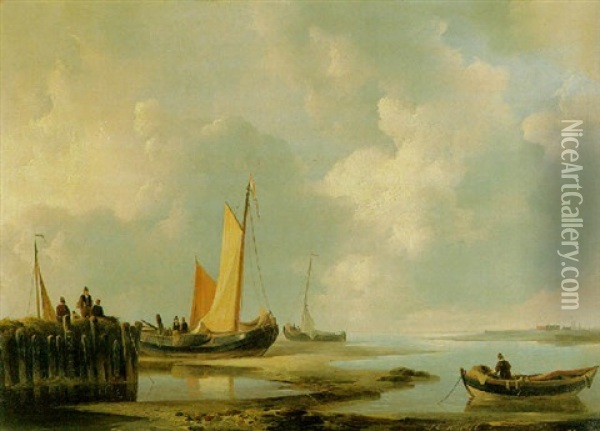 Figures At The Shore Oil Painting - Johannes Christiaan Schotel