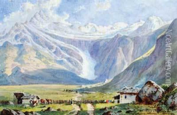 Alpine Landscape With A Glacier At The Head Of A Valley Oil Painting - Emil Lohr