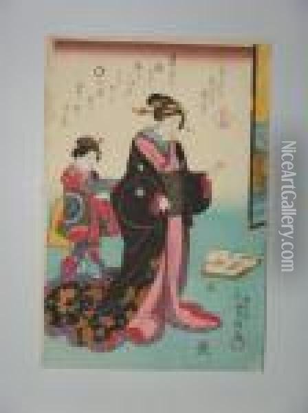 Iii, Une Jeune Femmeet Sa Servante.vers 1842 Oil Painting - Toyokuni