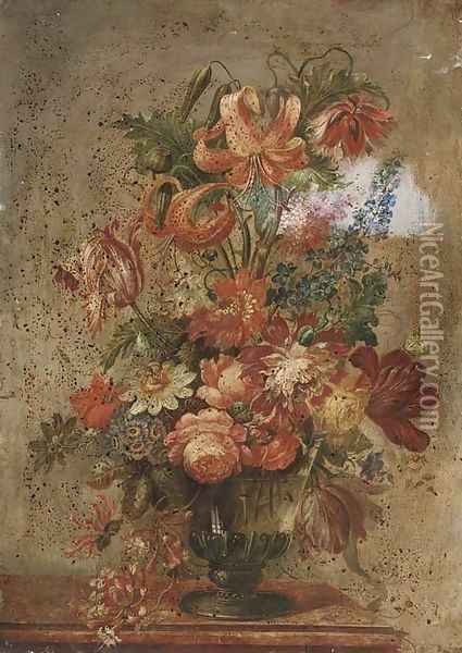 Poppies, roses, passion-flowers, irises, honey-suckle, tulips and lilies in a glass vase Oil Painting - English School