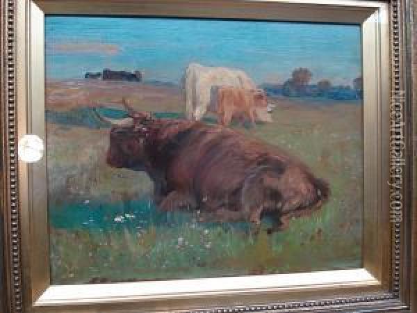 Cattle In Summer Pasture Oil Painting - Joseph Denovan Adam