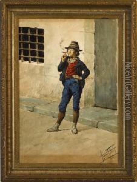 Portrait Of A Young Boy Smoking A Cigar Oil Painting - Antonio Maria Fabres Y Costa