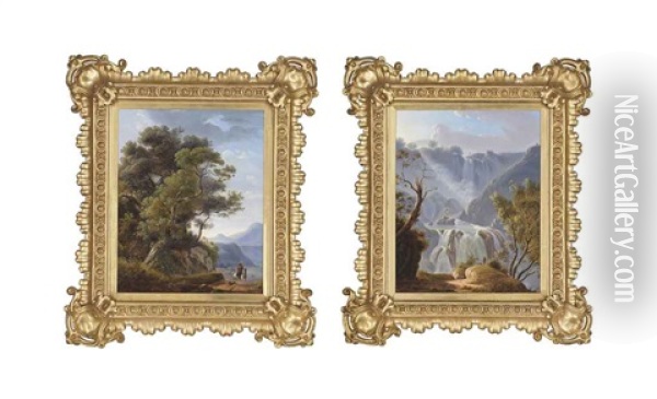 A Huntsman At A Mountainous Torrent (possibly Tivoli) (+ A Huntsman On A Riverside Track; 2 Works) Oil Painting - Michelangelo Pacetti
