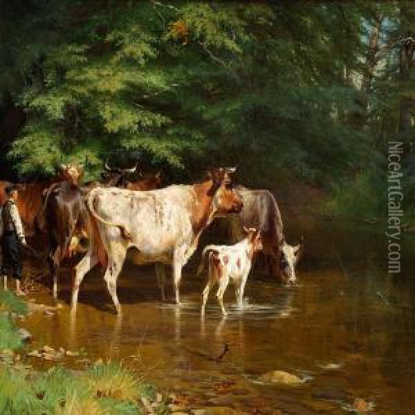 The Cows Are Beingwatered Oil Painting - Adolf Henrik Mackeprang