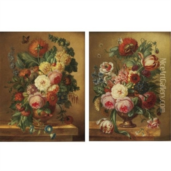 Still Life With Flowers (pair) Oil Painting - Joseph Nigg