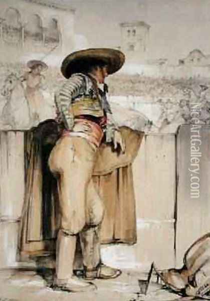 A bullfighter watches from behind the barricade Oil Painting - John Frederick Lewis