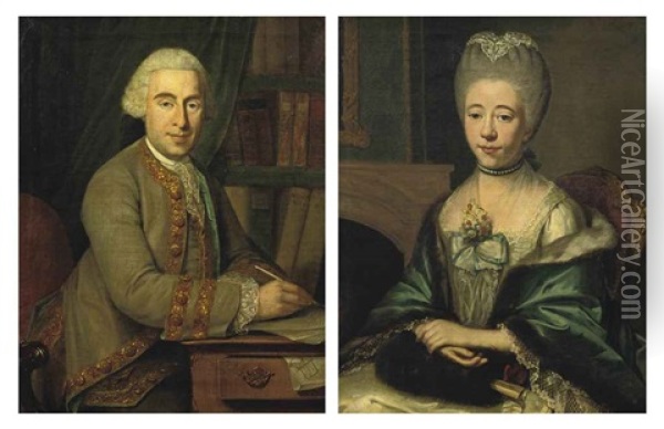 Portrait Of Jean Daniel De Loches (1731-1794) In A Gold-embroidered Green Coat... (+ Portrait Of Maria Josina Baldina Van Oldenbarnvelt...; Pair) Oil Painting - Jean Humbert