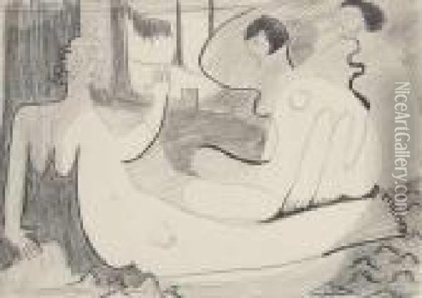 Kirchner, Ernst-ludwig: Three 
Female Nudes.charcoal On Paper. Estate Stamp. - Minimally Stained. 
Pinholes.lower Sheet Edge Cut Oil Painting - Ernst Ludwig Kirchner