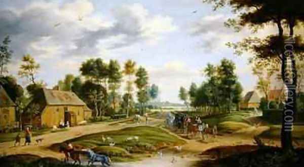 Landscape with a wagon and travellers passing through a village Oil Painting - Isaak van Oosten