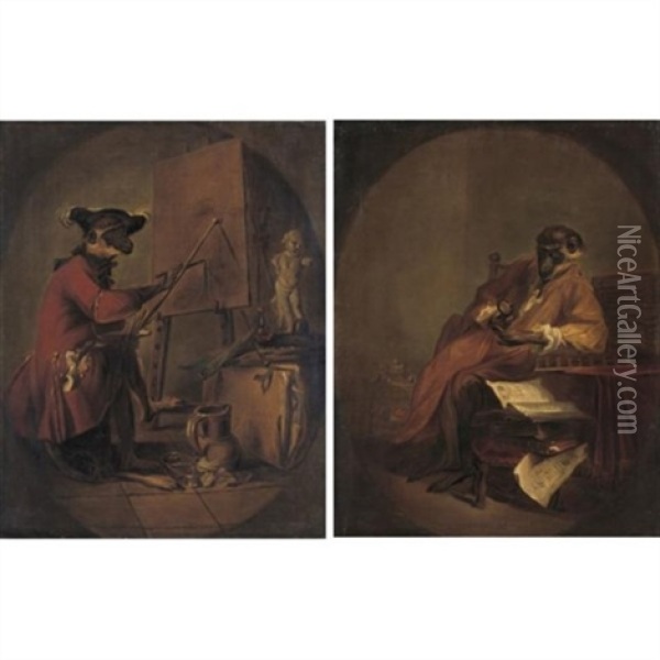 Le Singe Peintre (+ Le Singe Antiquaire; Pair) Oil Painting - Jean-Baptiste-Simeon Chardin