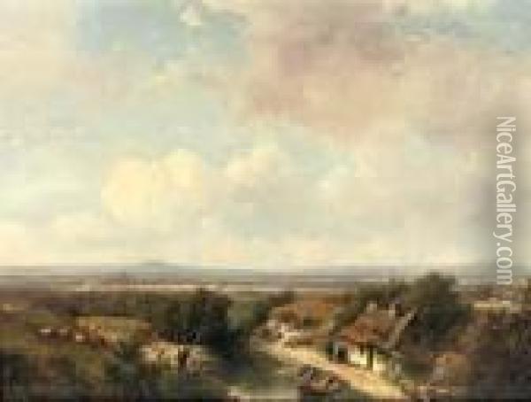 A Panoramic Landscape In Summer Oil Painting - Andreas Schelfhout
