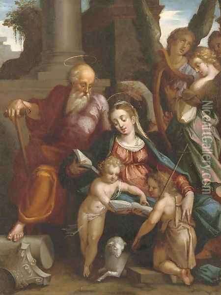 The Holy Family with Saint John the Baptist and Angels making music Oil Painting - Hans Rottenhammer