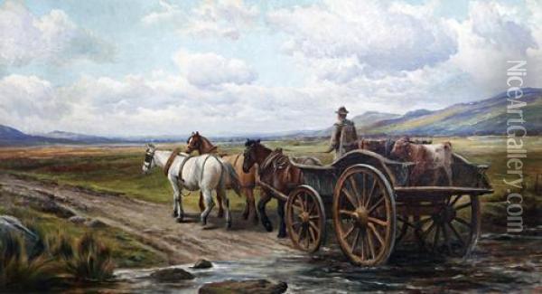 Horse And Cart Fording A River Oil Painting - Charles Jones