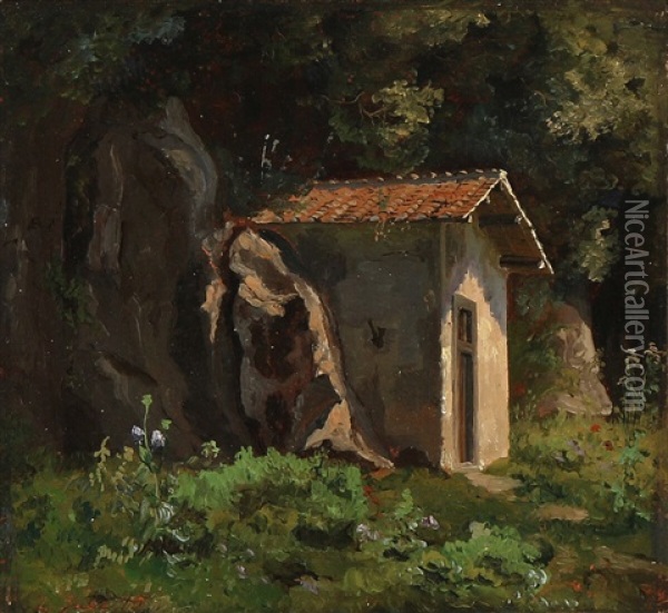 View From Italy With A Small House Built Into A Rockwall Oil Painting - Lorenz Frolich