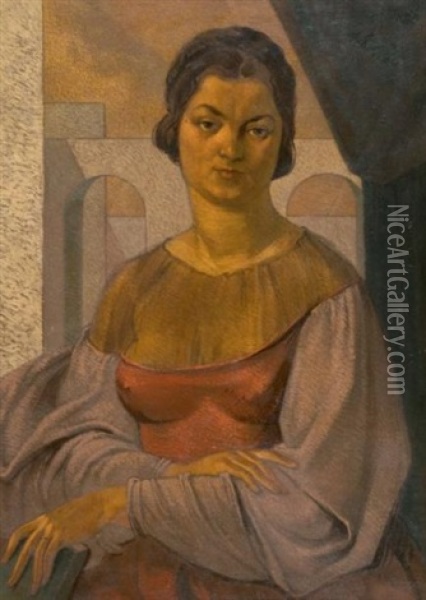 Portrait De Jeanne Lafnet En Tenue Renaissance Sur Un Fond D'architecture Oil Painting - Luc Lafnet