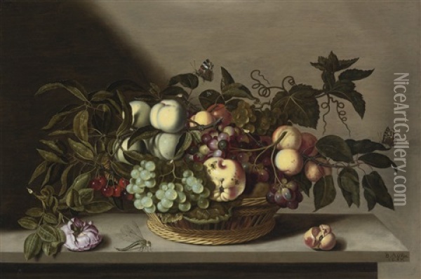 A Still Life Of Grapes, Cherries, Peaches And Other Fruit In A Basket, With A Rose And A Dragonfly On A Stone Ledge Oil Painting - Bartholomeus Assteyn