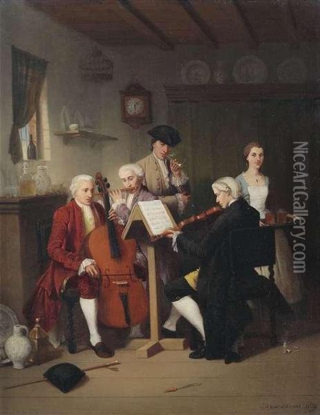 A Triomaking Music In A Sitting Room. Oil Painting - Johann Mongels Culverhouse