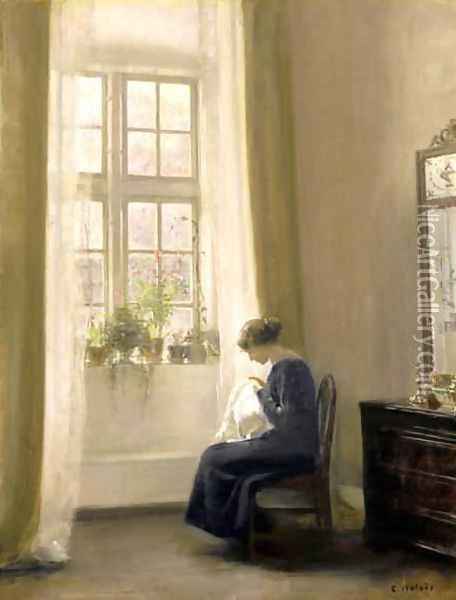 A Girl Sewing in an Interior Oil Painting - Carl Vilhelm Holsoe