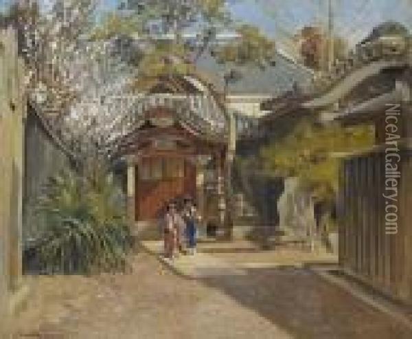 A Temple Courtyard; Figures Before A House Oil Painting - John Jnr. Varley