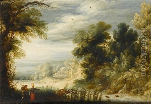A Wooded River Landscape With A Peasant Couple Collecting Wild Produce And Water Beside A Waterfall Oil Painting - Alexander Keirincx