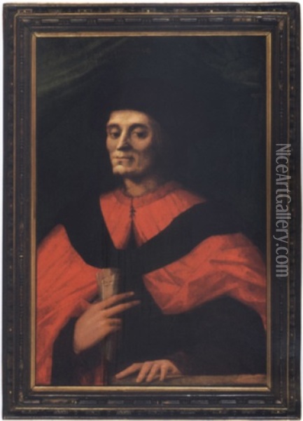 Portrait Of A Man Holding A Letter(the Philosopher Origene Salecchi?) Oil Painting - Andrea del Brescianino