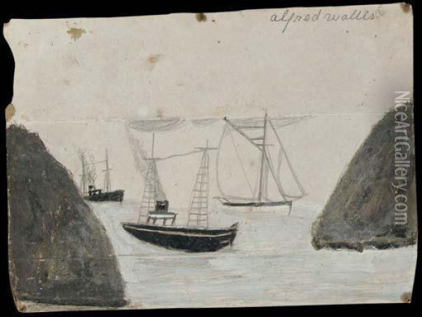 Two Trawlers And A Sail Boat Oil Painting - Alfred Wallis